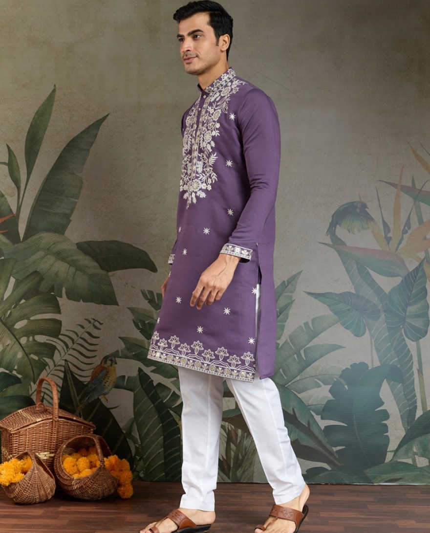 61321-purple - Purple Thread & Sequence Hand Embroidered Men’s Kurta Set